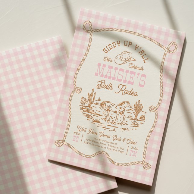 Invitación de cumpleaños de vaquera con gingham ro (Subido por el creador)