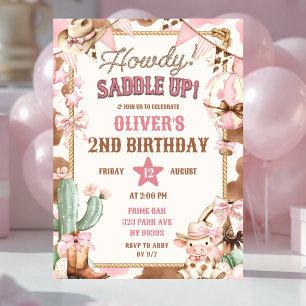 Invitación de cumpleaños de vaquera con Howdy rosa