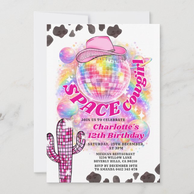 Invitación de cumpleaños de vaquera espacial | Vaq (Anverso)