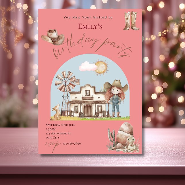 Invitación de cumpleaños de vaquera rosa linda (Subido por el creador)