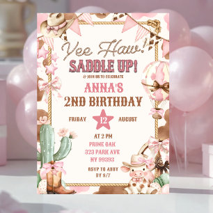 Invitación de cumpleaños de vaquera Yee Haw rosa