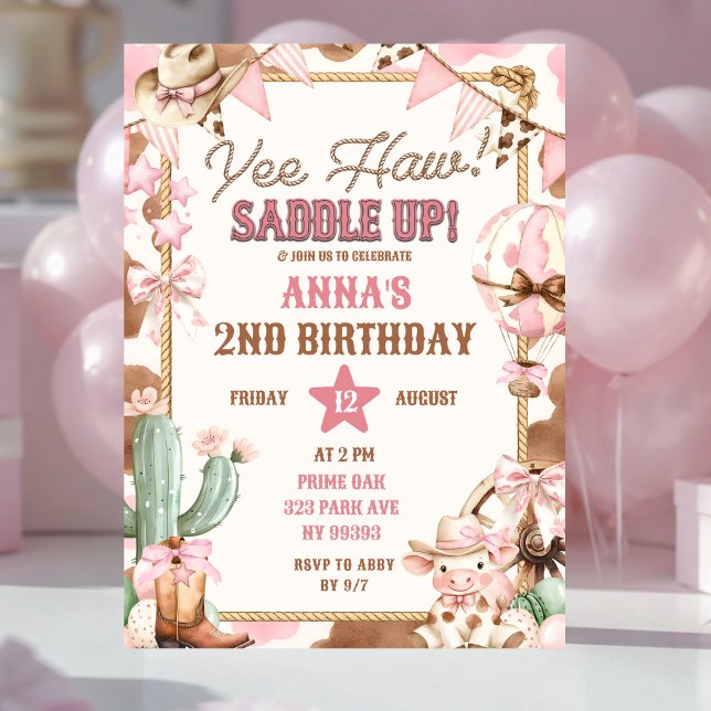 Invitación de cumpleaños de vaquera Yee Haw rosa (Subido por el creador)