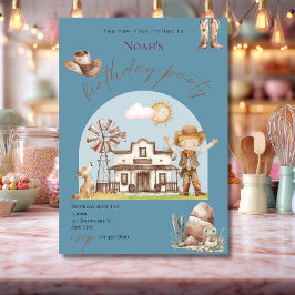 Invitación de cumpleaños de vaquero azul lindo