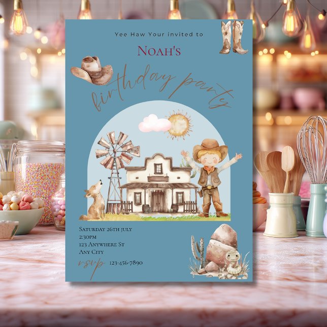 Invitación de cumpleaños de vaquero azul lindo (Subido por el creador)