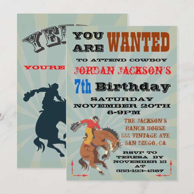 Invitación de cumpleaños de vaquero con broncó sal (Anverso / Reverso)