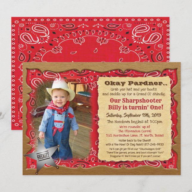 Invitación de cumpleaños de vaquero con foto para  (Anverso / Reverso)