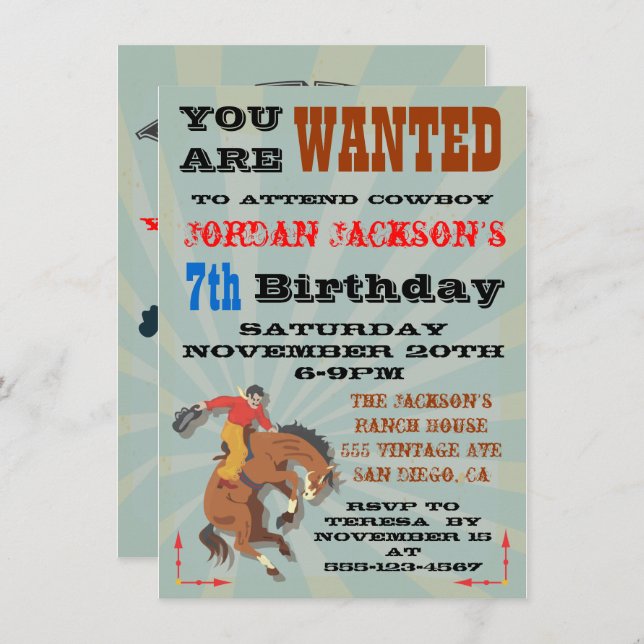 Invitación de cumpleaños de vaquero con toro mecán (Anverso / Reverso)