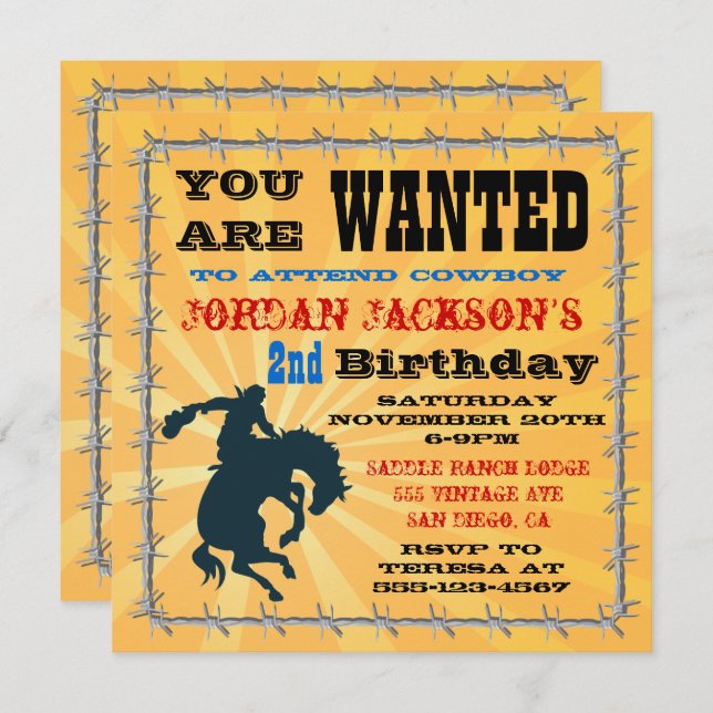 Invitación de cumpleaños de vaquero con toro mecán (Anverso / Reverso)