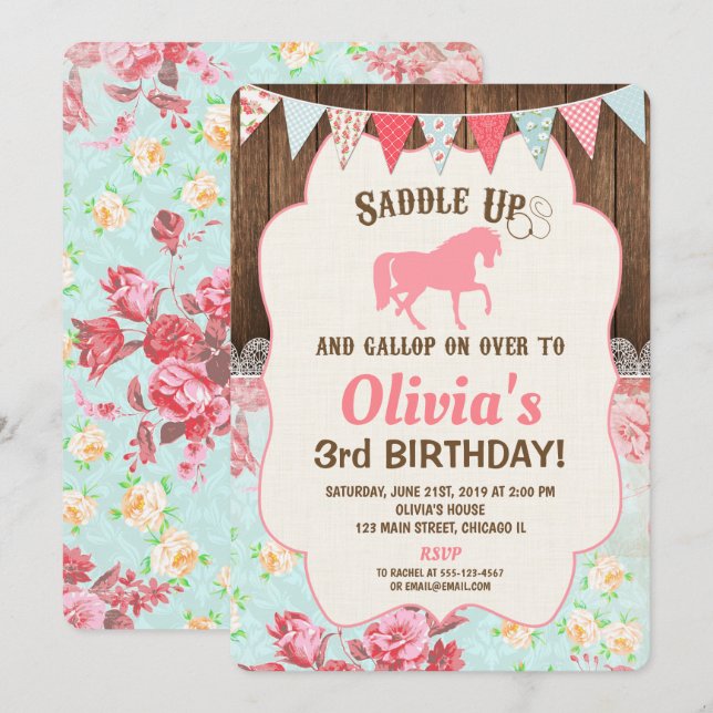 Invitación de cumpleaños de vaquero de caballo chi (Anverso / Reverso)
