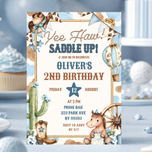 Invitación de cumpleaños de vaquero Yee Haw azul