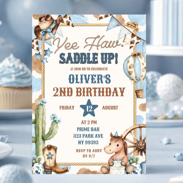 Invitación de cumpleaños de vaquero Yee Haw azul (Subido por el creador)
