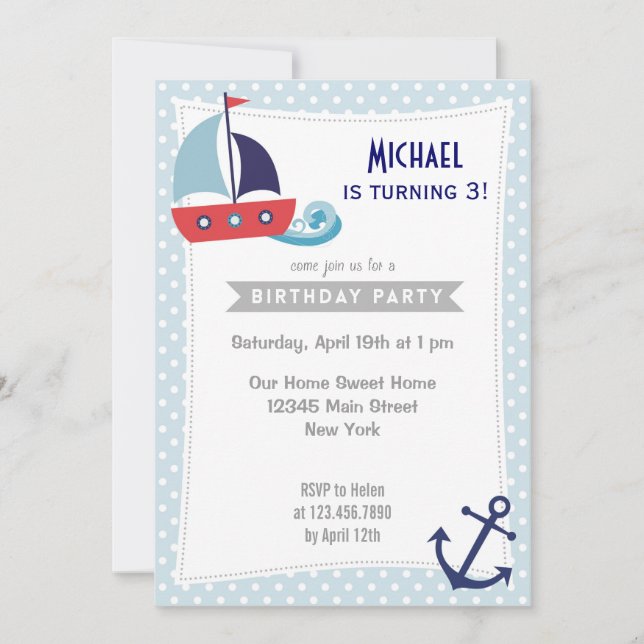 Invitación de cumpleaños de varón náutico azul (Anverso)