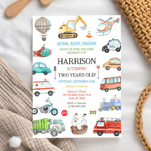Invitación de cumpleaños de vehículo de transporte