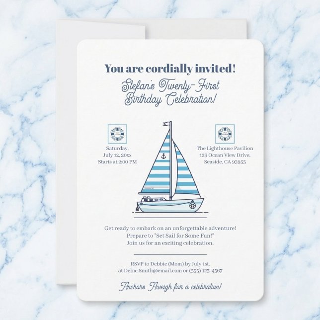 Invitación de cumpleaños de velero azul náutico (Gather your crew for some waterfront fun.)