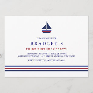 invitación de cumpleaños de velero azul y rojo