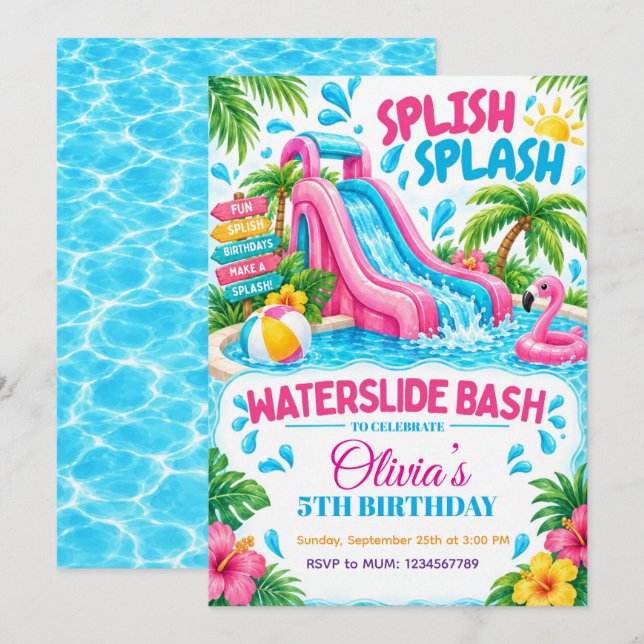 Invitación de cumpleaños de verano Bash Water Slid (Anverso / Reverso)