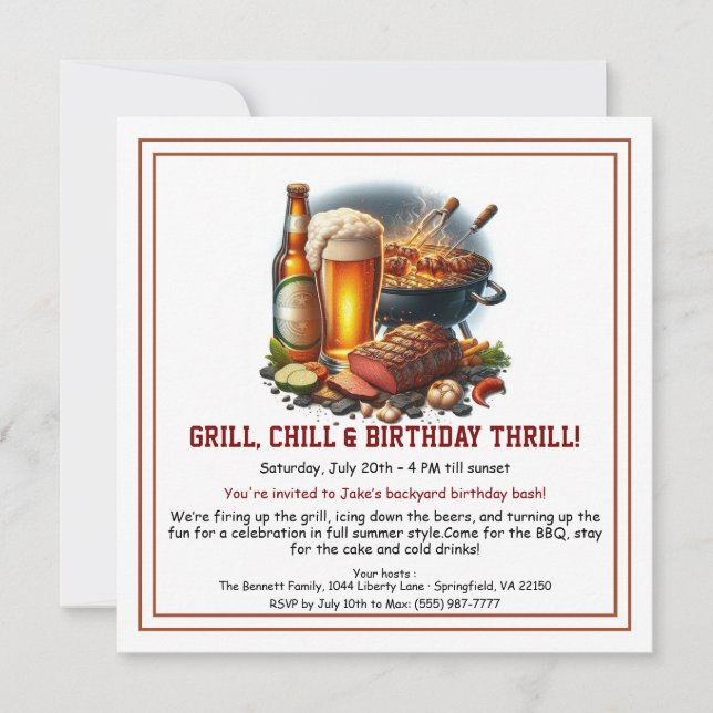 Invitación de cumpleaños de verano BBQ con cerveza (Anverso)
