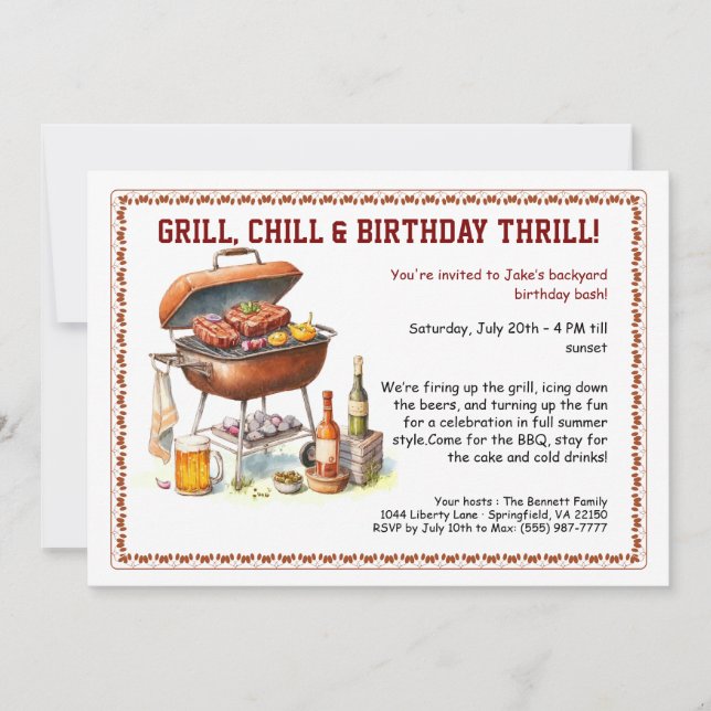 Invitación de cumpleaños de verano BBQ con cerveza (Anverso)