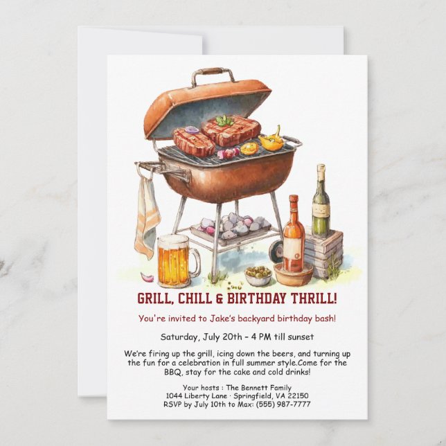 Invitación de cumpleaños de verano BBQ con cerveza (Anverso)