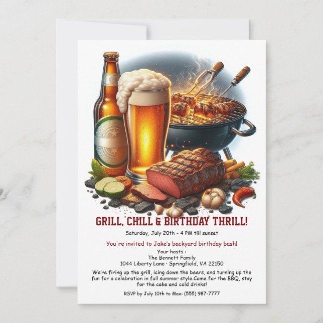 Invitación de cumpleaños de verano BBQ con cerveza (Anverso)