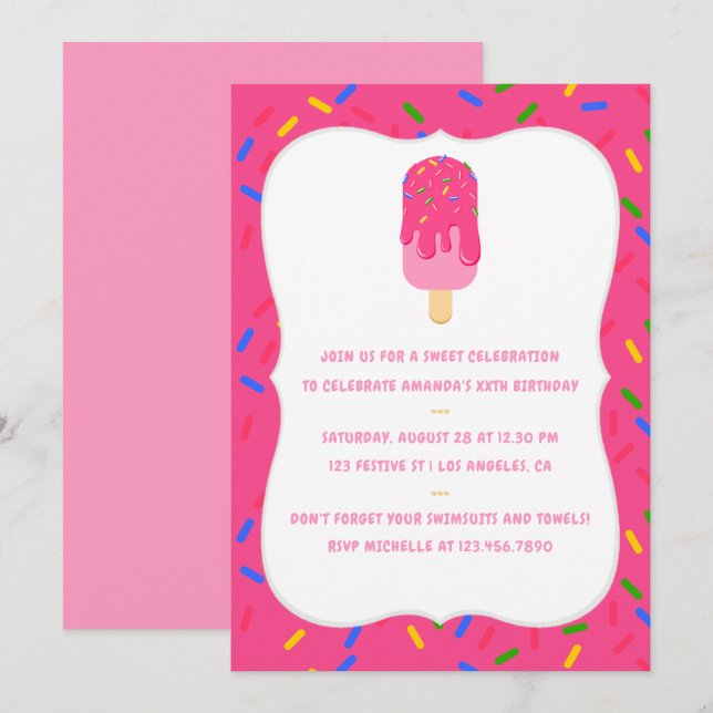 Invitación de cumpleaños de verano con paleta rosa (Anverso / Reverso)