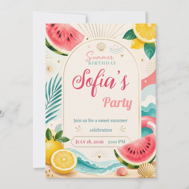 Invitación de cumpleaños de verano con sandía (Anverso)