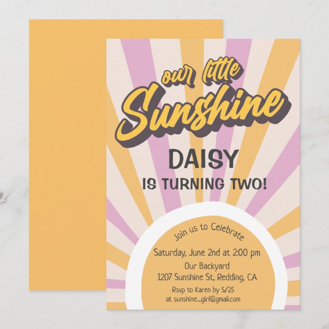 Invitación de cumpleaños de verano con sol retro (Anverso / Reverso)