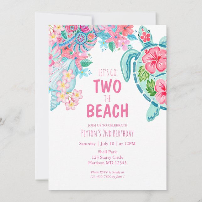 Invitación de cumpleaños de verano de tortuga a la (Anverso)