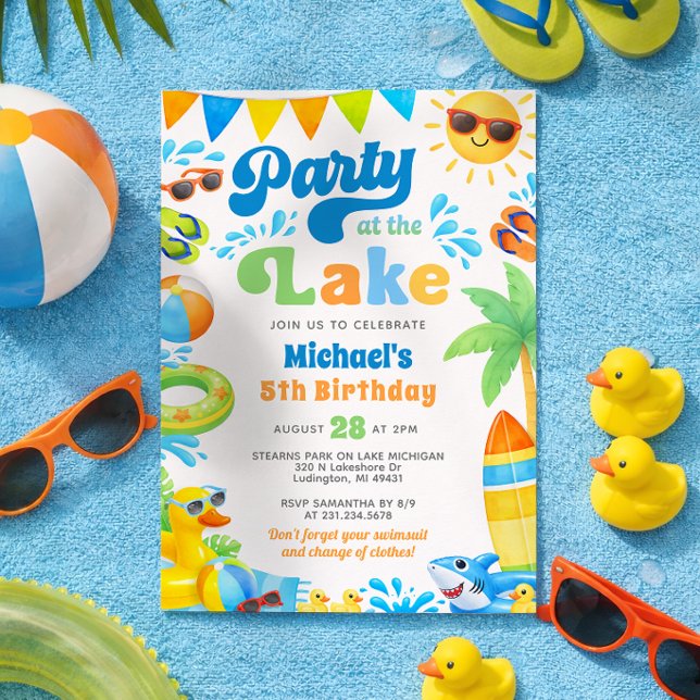 Invitación de cumpleaños de verano en el lago (Lake Party Birthday Invitation - Boy Summer Birthday - Duck and Shark Theme )