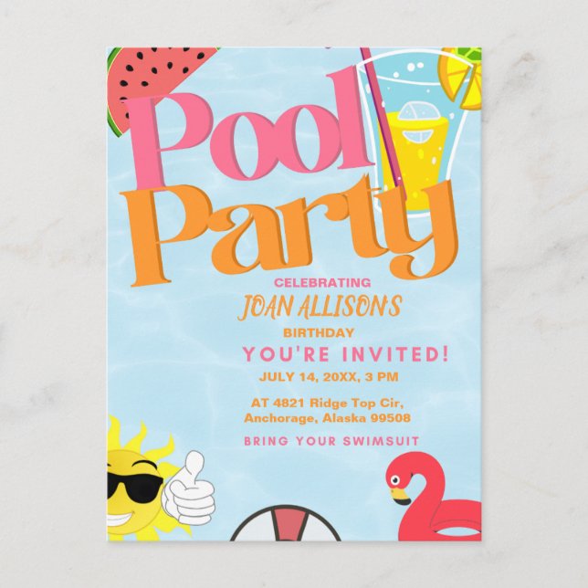 Invitación de cumpleaños de verano fiesta en la pi (Anverso)