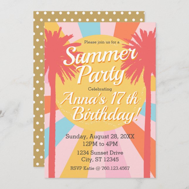 Invitación de cumpleaños de verano Fiesta Palm (Anverso / Reverso)