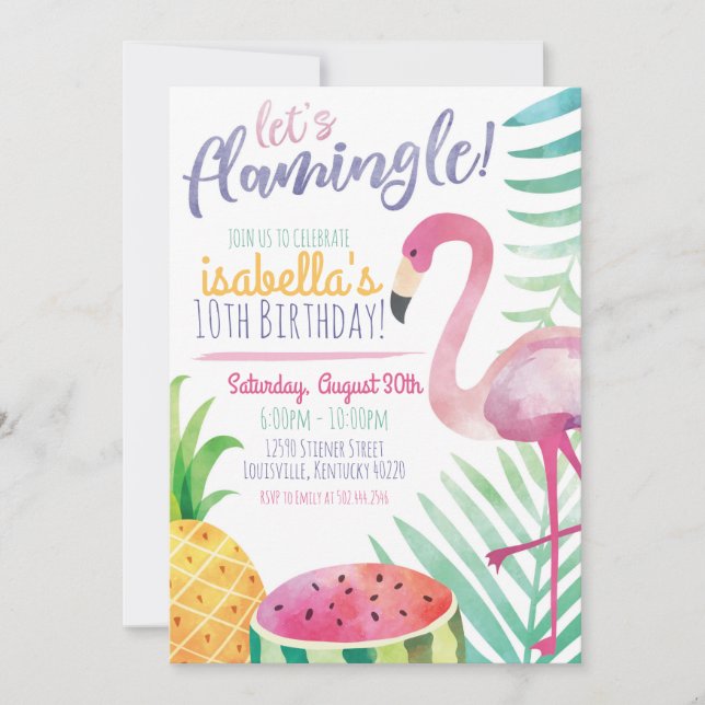 Invitación de cumpleaños de verano Let's Flamingle (Anverso)