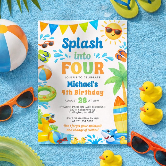 Invitación de cumpleaños de verano número 4 - Salt (Boy 4th Birthday Invitation - Summer Beach Pool Party - Splash into Four)