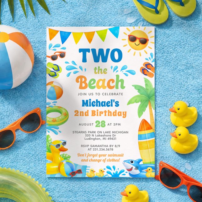 Invitación de cumpleaños de verano para 2 años - D (Boy 2nd Birthday Invitation - Two the Beach - Summer Party)