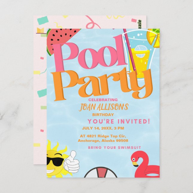 Invitación de cumpleaños de verano para fiesta en  (Anverso / Reverso)