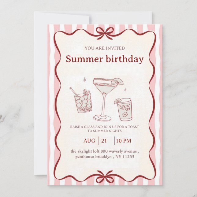Invitación de cumpleaños de verano rosa - Cóctel e (Anverso)