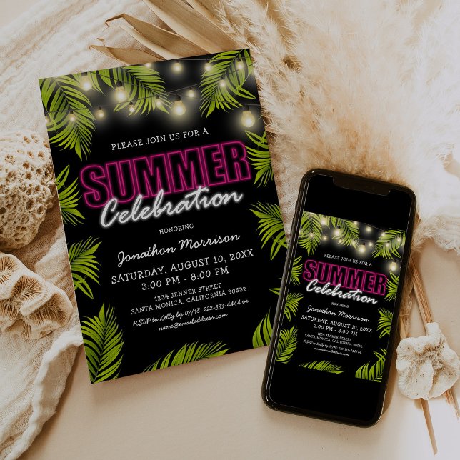 Invitación de cumpleaños de verano tropical de neó (Subido por el creador)