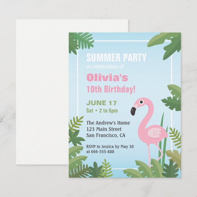 Invitación de cumpleaños de verano tropical Flamin (Anverso / Reverso)