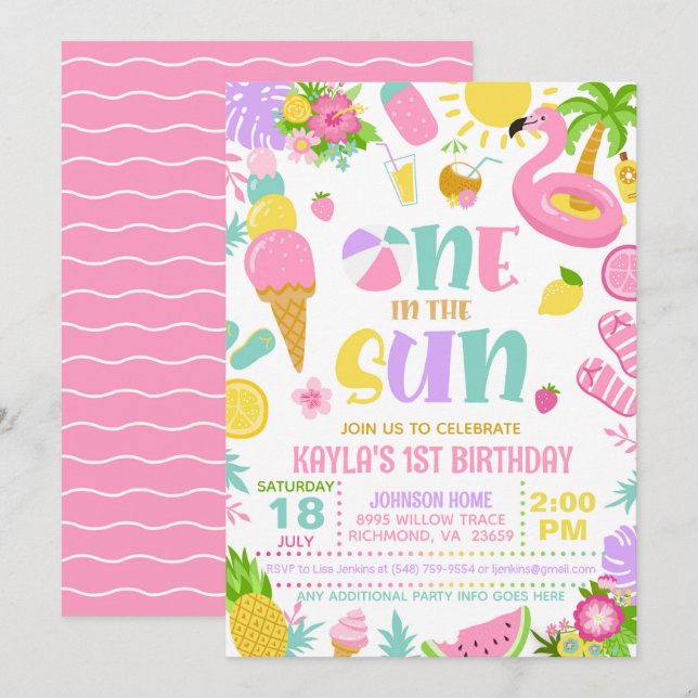 Invitación de cumpleaños de verano uno al sol (Anverso / Reverso)