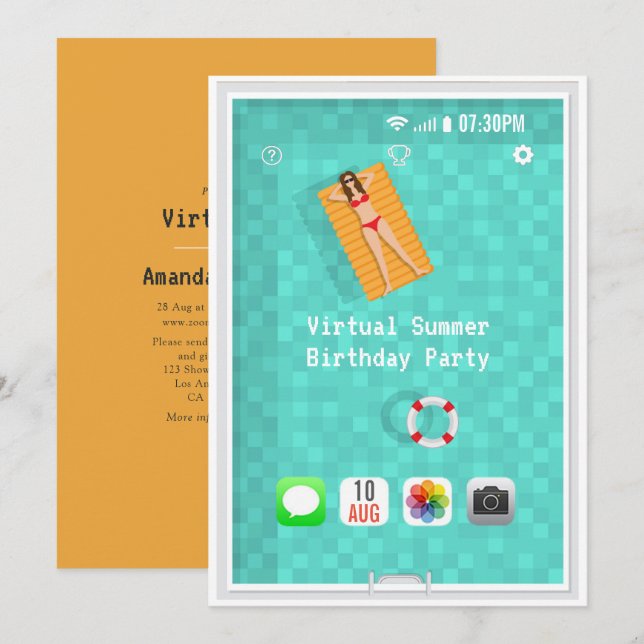 Invitación de cumpleaños de verano virtual (Anverso / Reverso)