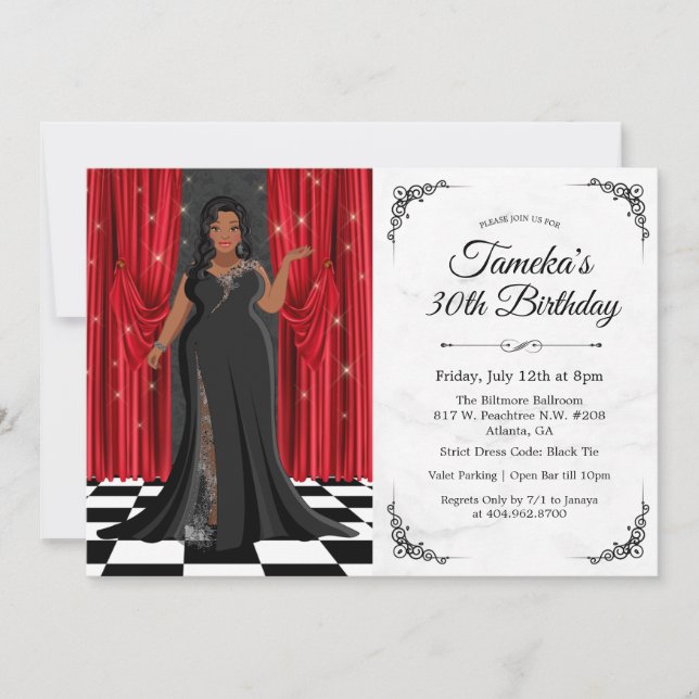 Invitación de cumpleaños de vestido elegante afroa (Anverso)