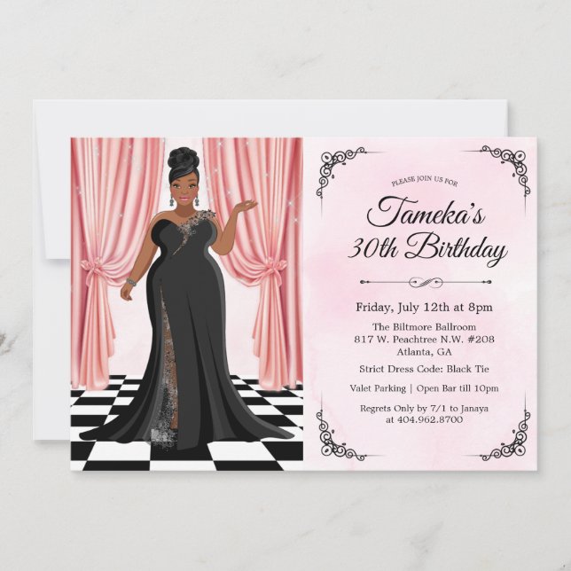 Invitación de cumpleaños de vestido elegante afroa (Anverso)