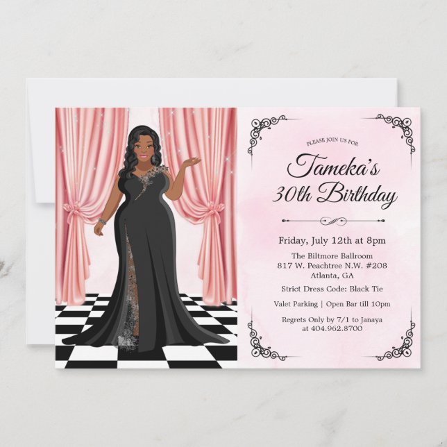 Invitación de cumpleaños de vestido elegante afroa (Anverso)
