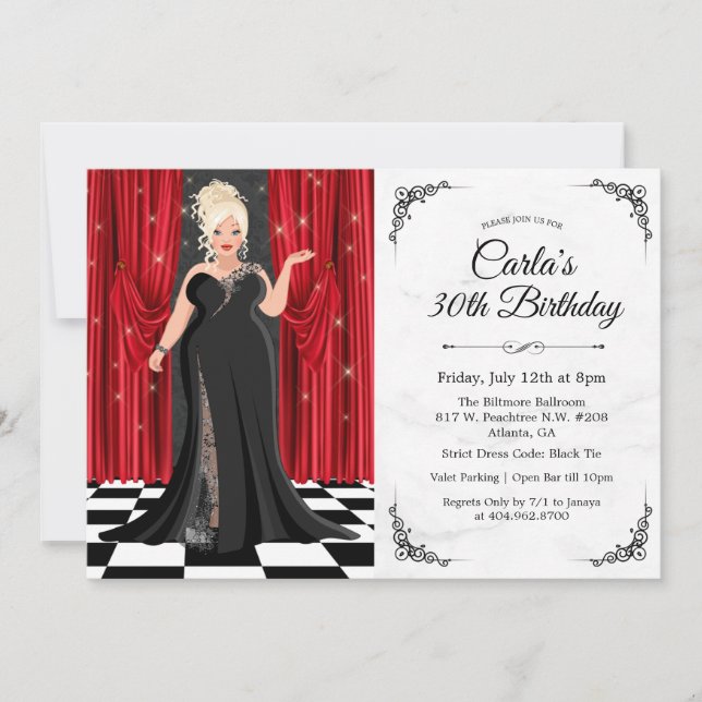 Invitación de cumpleaños de vestido elegante de co (Anverso)