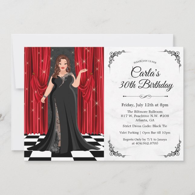 Invitación de cumpleaños de vestido elegante de co (Anverso)