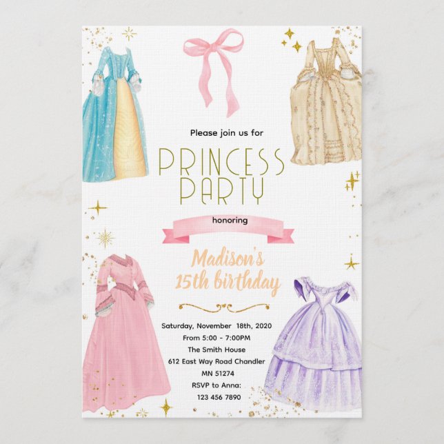 Invitación de cumpleaños de vestidos de princesa (Anverso)