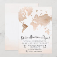 Invitación de cumpleaños de viaje con mapa de acua