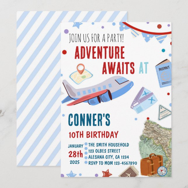 Invitación de cumpleaños de viaje con tema de dest (Anverso / Reverso)