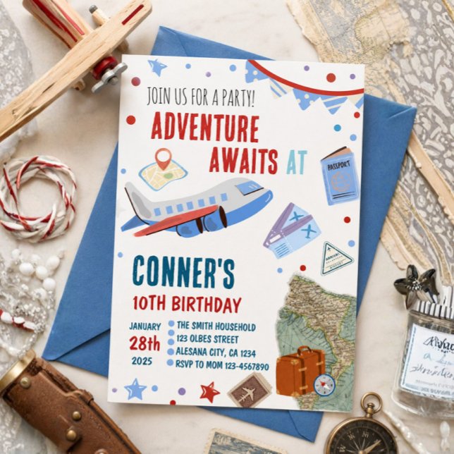 Invitación de cumpleaños de viaje tema de destino  (Adventure Awaits, Nautical Birthday, Travel Birthday Invitation)