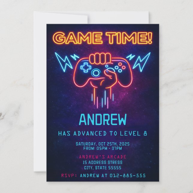 Invitación de cumpleaños de videojuegos de neón pe (Anverso)